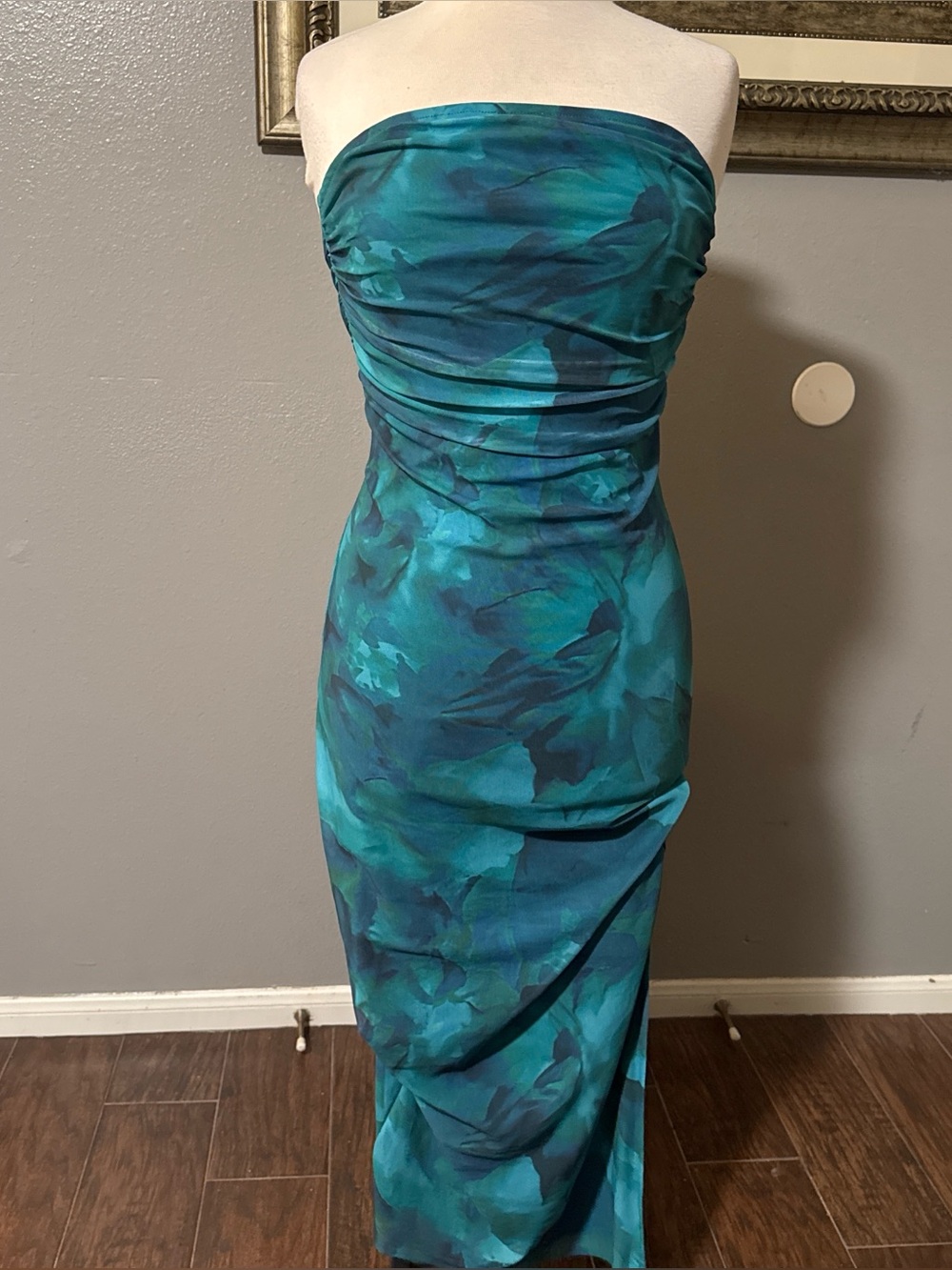 SHEIN Teal & Navy Strapless Ruched Bodycon Dress